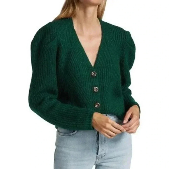 Design History Green Rib Knit Puff Sleeve Button Down Cardigan Sweater XS - Picture 1 of 6
